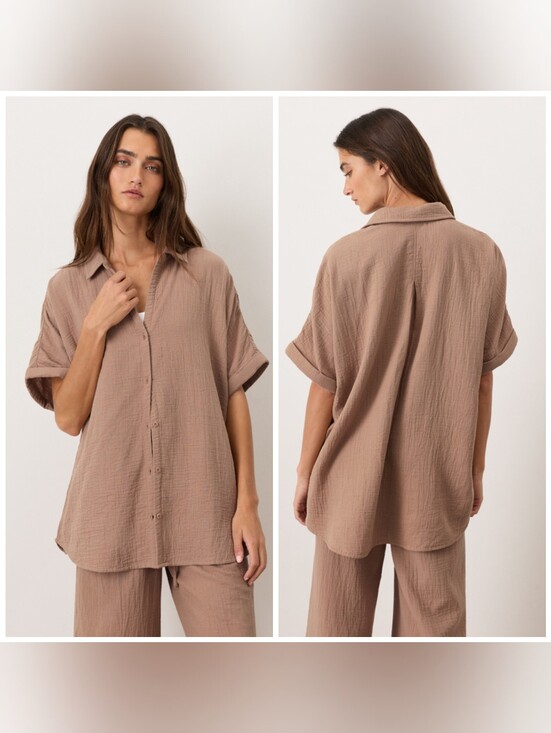 Pact Organic Tops - Pact Organic Coastal Double Gauze Oversized Shirt, XL, Driftwood Brown, Cotton